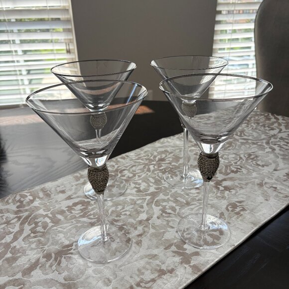 Rhinestone Crystal Glass Martini Glasses Silver Rim Stemware - Set of 4 - Picture 1 of 5